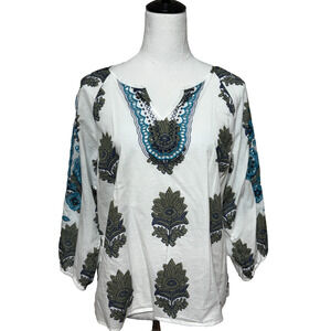 Talbots Top Womens Large Petite White Blue Embroidered Flowy Peasant Boho Beachy